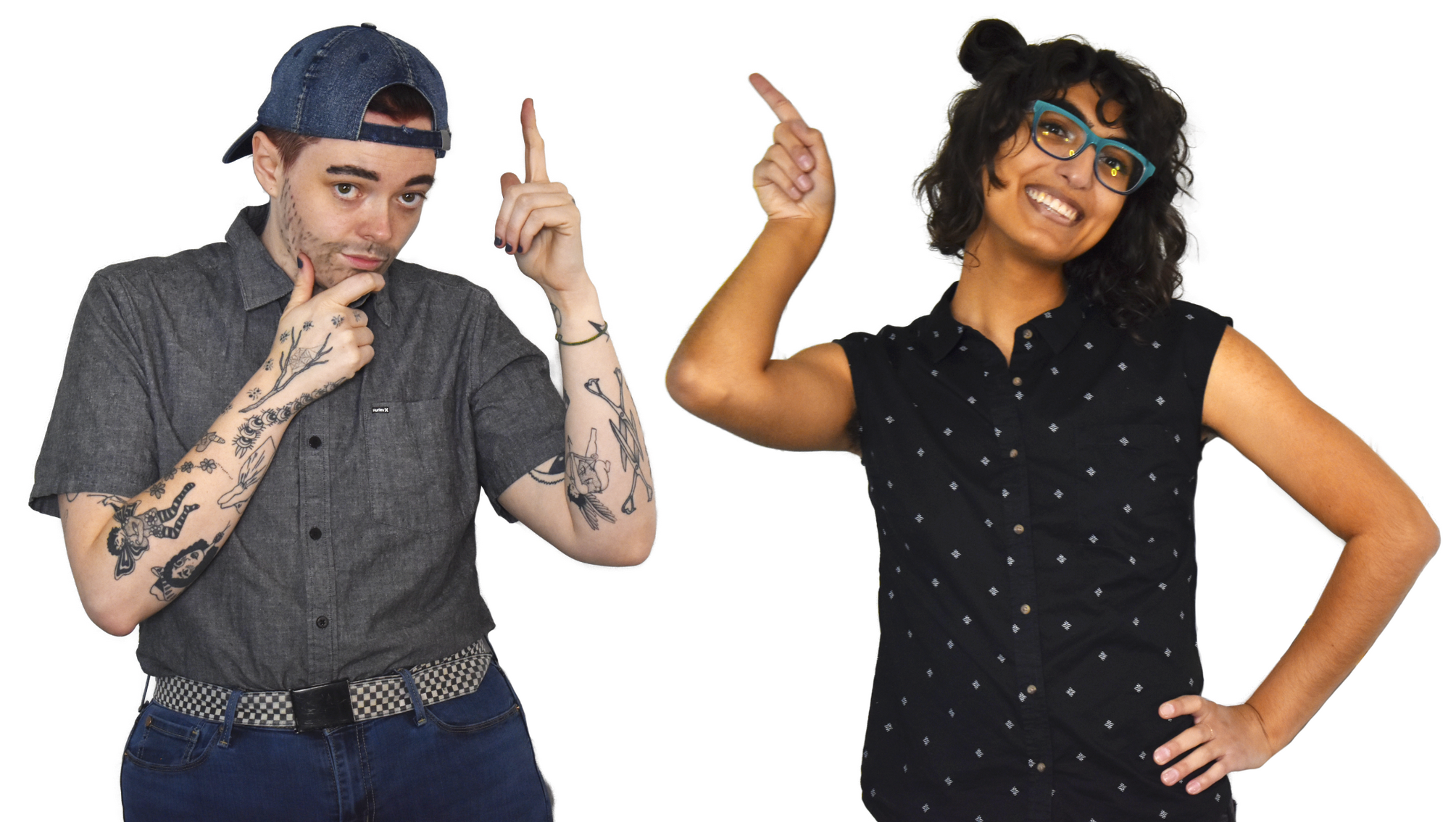 A picture of Stacy and Charlie dressed as cis people and attempting to point at the "Enter" button, but pointing more to the side instead.